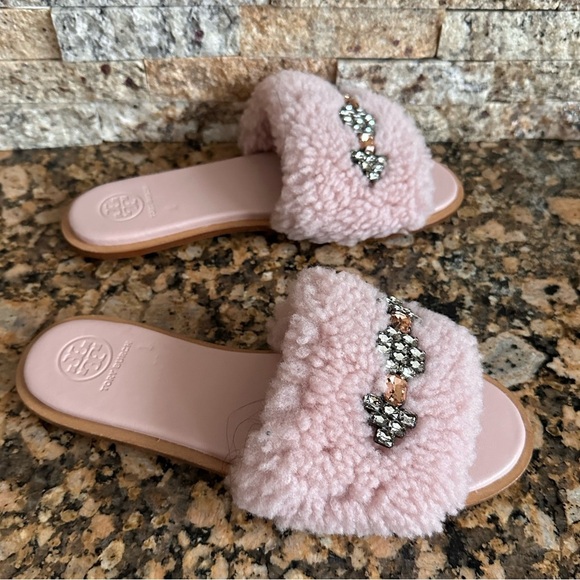 Tory Burch Embellished Genuine Shearling Slide Sandal, Pink - Picture 2 of 7